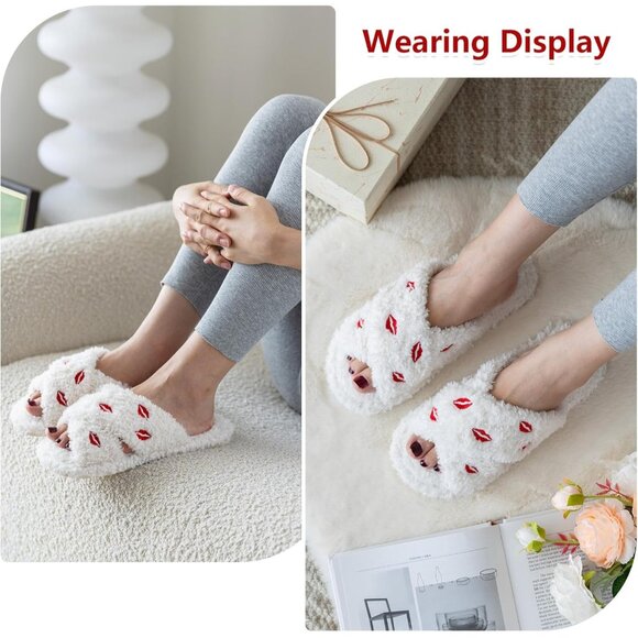 ⚡Women’s White Red Lips Faux Fur Cozy Fuzzy Cross Band Slippers House Shoes - Picture 2 of 6